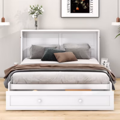 Lit 140×200 cm transformable en armoire, avec tiroir de rangement et étagères latérales intégrées, blanc