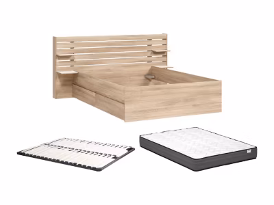 Lit 140 x 190/200 cm avec rangements – Coloris : Naturel + Sommier + Matelas – TENALIA II