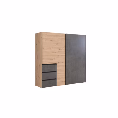 Armoire 200 cm 2 portes coulissantes 3 tiroirs décor bois béton – THOR
