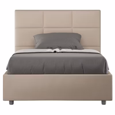 Lit capitonné 120×190 cm simili cuir café au lait Mira Avec sommier et coffre