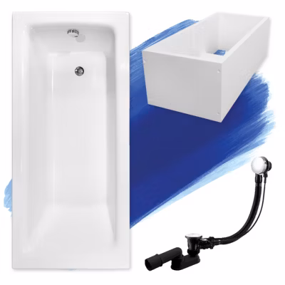 Baignoire rectangulaire 150 x 70 TALIA acrylique blanc + Support stabilisateur en polystyrène + Pieds + Vidage à chromé