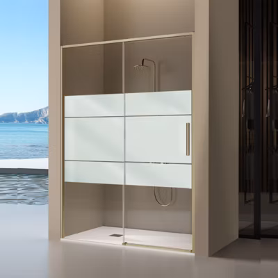Paroi de douche coulissante DELTA – Doré (Or Brossé) – Sérigraphié – 165-167.6 cm – Fermeture amortie – Réversible – Anticalcaire
