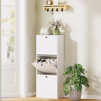 Meuble à chaussures 47 cm avec 3 portes basculantes et étagères réglables, design moderne blanc