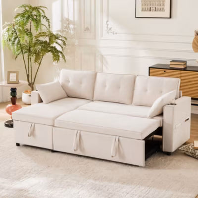 Canapé 3 places 211x130x86 cm convertible avec coffre et chaise longue réversible, tissu coton-lin beige