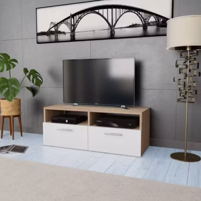 VIDAXL – Meuble TV – Bois d ingenierie – 95x35x36 cm – Chene blanc – 2 etageres – 2 armoires