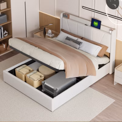 Lit coffre 160x200cm en tissu lin avec port USB – tête de lit et sommier à lattes – Beige