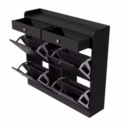 Armoire à chaussures noire vintage avec 4 portes battantes, 2 tiroirs et 3 étagères ouvertes pour hall moderne 110 x 26 x 100 cm