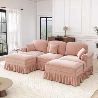 Canapé modulable en chenille 3 places avec pouf, convertible et jupe amovible, pieds fuselés roses