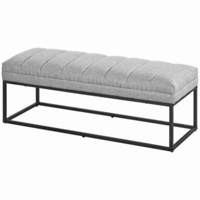 Banc bout de lit épais coussin matelassé grand confort acier noir tissu toucher lin gris clair