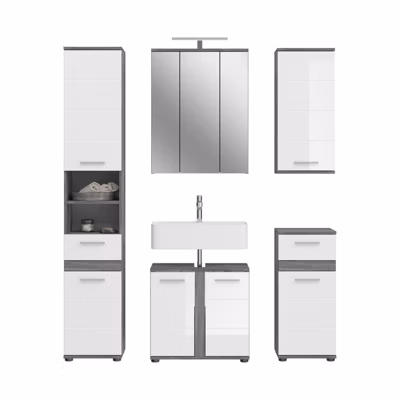 Blake – Set de 5 meubles de salle de bain mélaminé blanc et argenté avec éclairage, vasque non incluse (L/H/P : 164x191x34 cm)