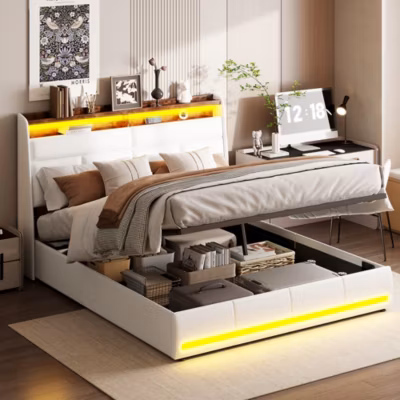 Lit Coffre 140×200 Avec Sommier Et USB, LED, Cadre De Lit Avec Rangement Et Tete De Lit, Blanc