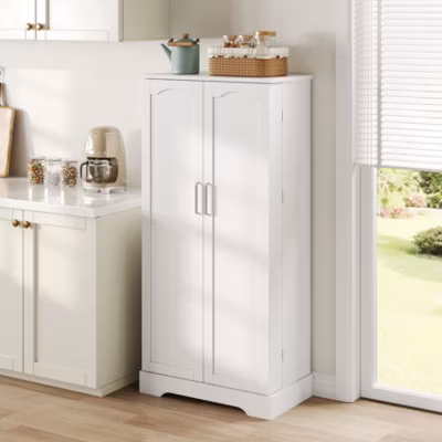 Armoire de cuisine multifonctionnelle,60x35x128cm,blanc,éclairage LED,étagères réglables,double porte