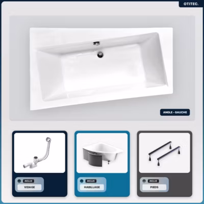 Baignoire asymétrique – 160 x 100 cm – Gauche – avec Habillage – Pieds – Vidage Chrome – INFINITY
