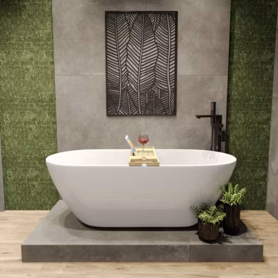Baignoire à poser îlot ASGER 170×75 acrylique blanc + tablette de bain en bambou + Vidage à chromé