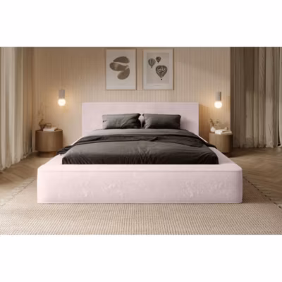 Lit coffre ORLANE  Rose Poussière de rose polaire  160×200 cm  Sommier relevable  Design haut de gamme