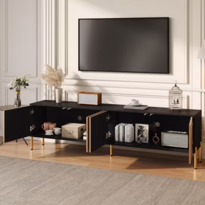 Meuble TV – Meuble TV Bas 4 Portes Sans Poignée, Design Contemporain, Panneau de Particules, Noir/Bois Naturel