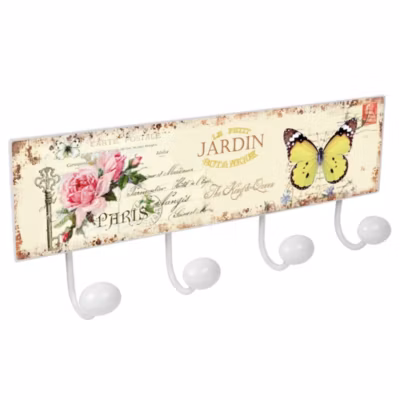 Porte manteau mural en métal design Rétro Vintage décoration de jardin LETTRE PAPILLON avec 4 CROCHETS en porcelaine