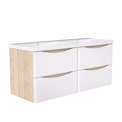 Ensemble Meuble Salle de Bain Suspendu 120cm, Blanc + Chêne, Moderne, Grand Tiroir, AICA Sanitaire