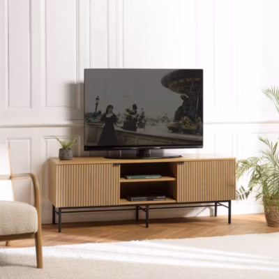Meuble TV 2 portes 2 niches décor effet bois rainuré
