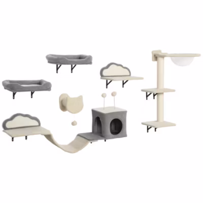 Arbre à chat design mural – parcours mural en bois pour chat 6 pièces variées – crème gris