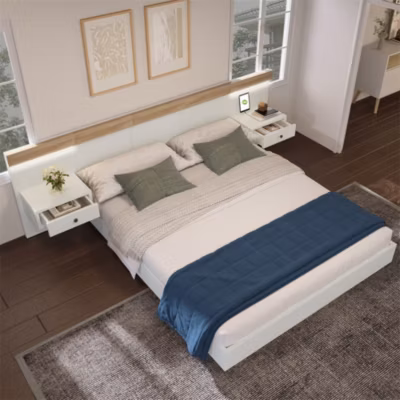 Lit adulte 160×200 cm, lit double avec chevets suspendus, led et prise usb type c, cadre en bois, chêne + blanc (sans matelas)