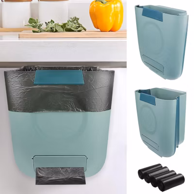 Poubelle de cuisine pliable de 8L Avec 80 sacs poubelle vert