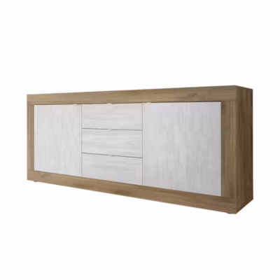 Buffet 2 portes 3 tiroirs collection ACCESS. Coloris blanc et chene foncé