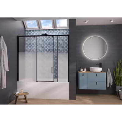 Pare-bain Kinedo Smart Design Pegasus coulissant pose entre 2 murs 170×148 gris noir grainé verre sérigraphié partie fixe à gauche