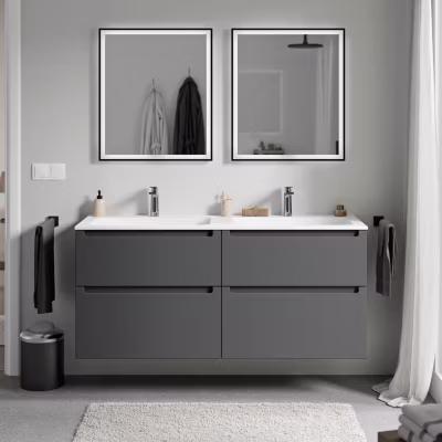 Meuble double vasque suspendu MDF Anthracite mat, lavabos fonte Blanc mat + trous robinet, tiroirs pivotants – 140x46x62cm – VIREO
