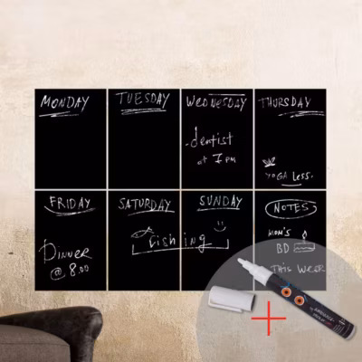 Sticker ardoise tableau noir – stickers muraux adhésif effaçable – 8 RECTANGLES + CRAIE LIQUIDE BLANCHE – 65x95cm