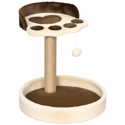 Arbre à chat griffoir design patte de chat jeu boule suspendue panier plateforme observation peluche beige marron jute naturelle