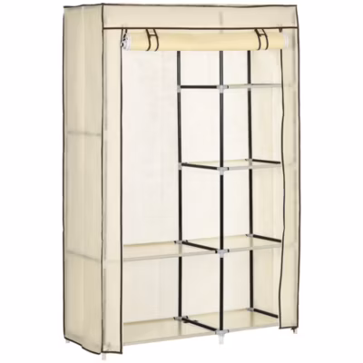 Penderie 103 cm en tissu crème avec 1 tringle et 6 étagères, structure métal, design compact et pratique