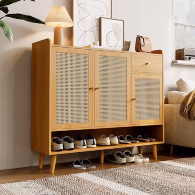 Armoire à chaussures en rotin naturel,120x106x35cm,3 portes 1 tiroir 5 étagères,poignée métal pieds bois