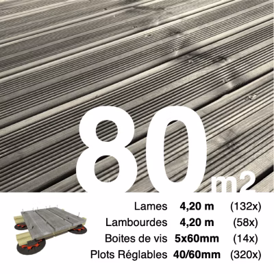 Kit complet terrasse Pin autoclave Gris pour 80 m², Lames 4,2 m, lambourdes 4,2 m, plots réglables et visserie Inox.