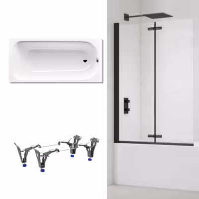 Kaldewei 170×75 cm Ensemble baignoire Saniform universelle + Pare baignoire pliable, 2 volets noir + pieds (KW3731-SETP4)
