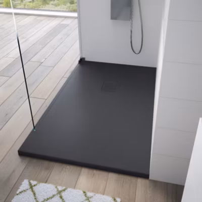 Receveur de douche Kinedo Kinesurf découpable 100X90 noir mat grainé avec grille assortie et bonde extra-plate