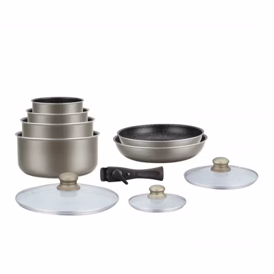 Batterie de cuisine revetement pierre avec manche amovible 10 pieces carbon Herzberg HG5000-CAR