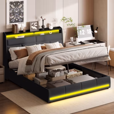 Lit Coffre 140×200 Avec Sommier Et USB, LED, Cadre De Lit Avec Rangement Et Tete De Lit, Noir