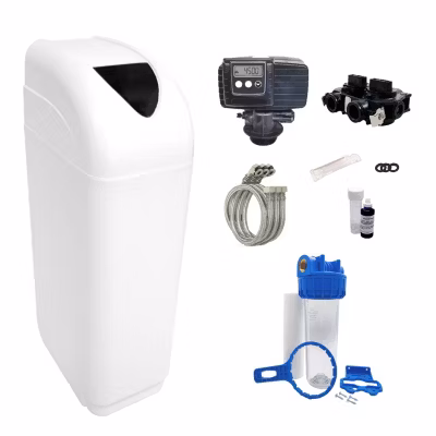 Adoucisseur D&rsquo;eau 25l Vanne Fleck 5600 Sxt Complet Bac Blanc – Kit Essentiel