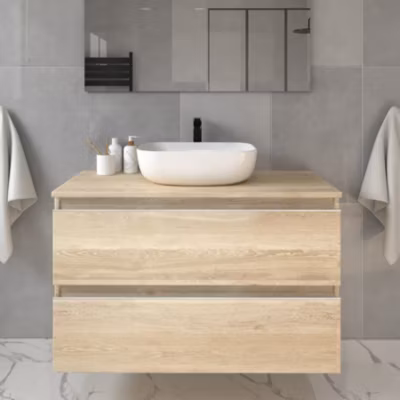 Meuble de salle de bain sans miroir avec vasque à poser arrondie BALEA – Bambou (chêne clair) – 70cm