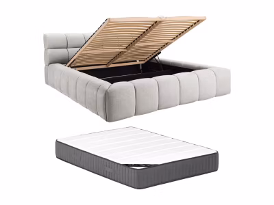 Lit coffre 180 x 200 cm – Tissu – Gris clair + Matelas – FORVIK