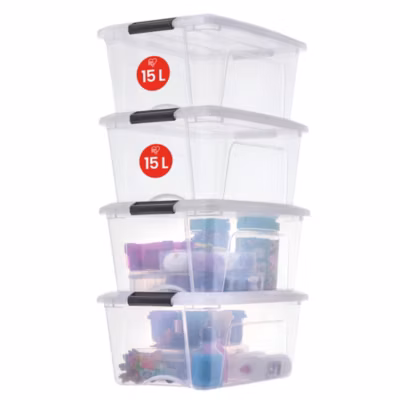Iris Ohyama, Boites de Rangement Plastique avec Couvercle, 15L, Lot de 4, Transparent, NTB-15
