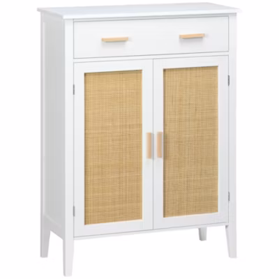 Meuble à chaussures style bohème chic – 2 portes, 3 étagères, tiroir – MDF blanc cannage rotin
