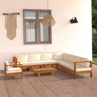 vidaXL Salon de jardin, 9 pcs avec coussins blanc crème Bois d&rsquo;acacia