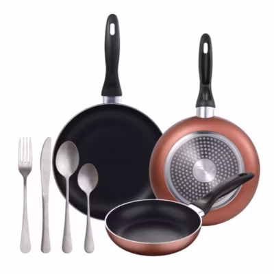 Ensemble de 3 poeles a frire San Ignacio en marbre rouge marine 16-20-24cm avec couverts