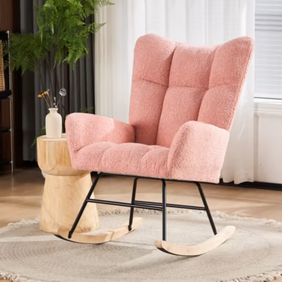 Chaise hauteur d assise 45 cm fauteuil a bascule avec dossier haut et accoudoirs assise velours rose