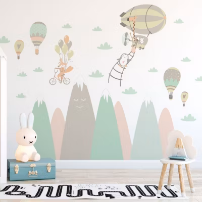 Stickers enfant montagnes scandinaves animaux joueurs 80 x 120 cm