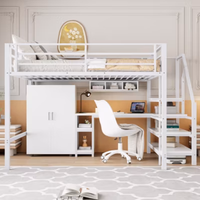 Lit superposé 140×200 cm avec bureau intégré et rangement sous-échelle, structure métal et panneaux MDF pour chambre enfant