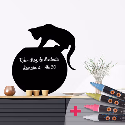 Sticker ardoise tableau noir – stickers muraux adhésif effaçable – CHATON SUR L&rsquo;AQUARIUM + 4 CRAIES LIQUIDES – 120x105cm
