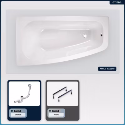 Baignoire asymétrique – 150 x 80 cm – Gauche – sans Habillage – avec Pieds – Vidage Chrome – LUNA